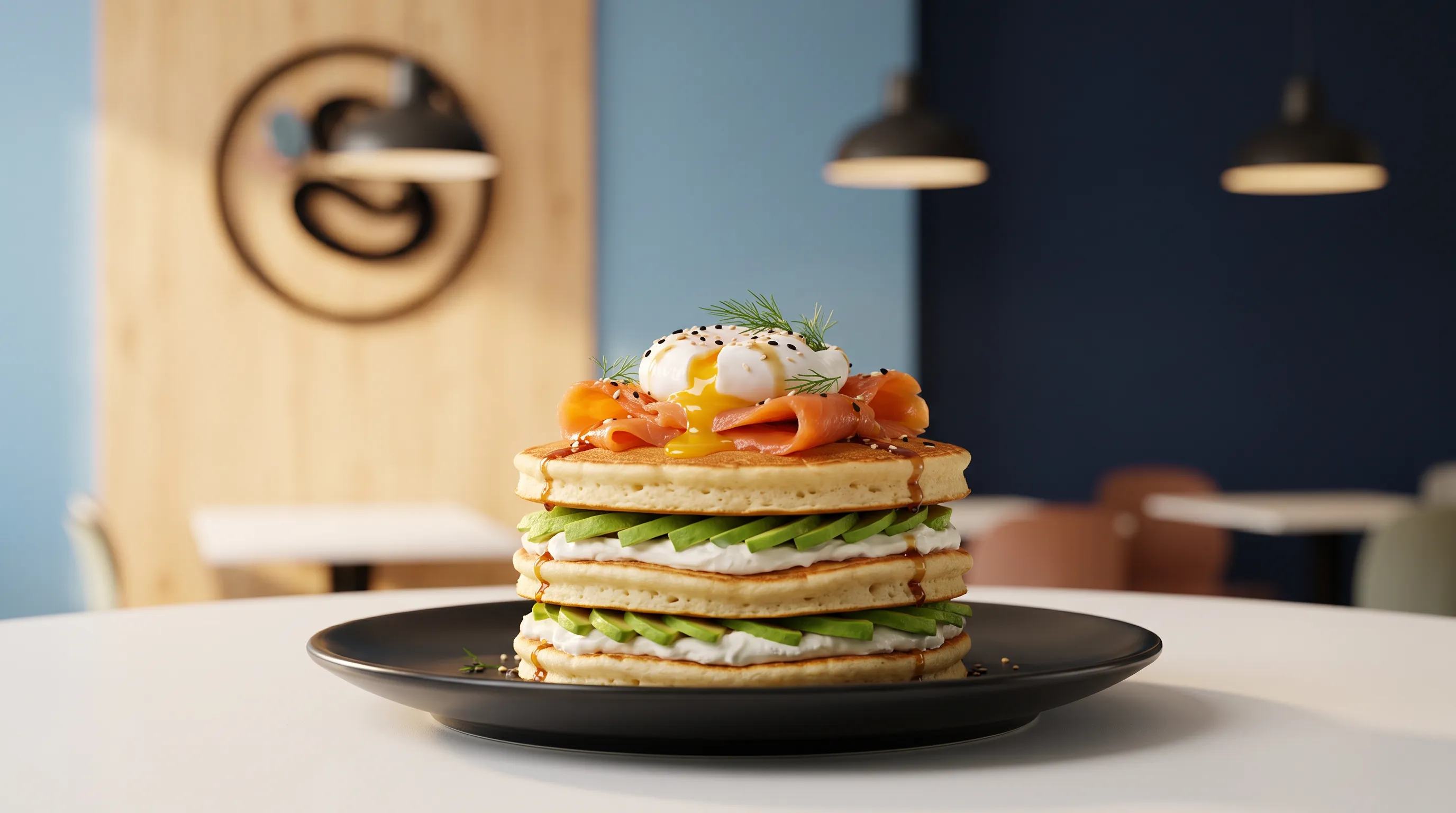 Pancake Salmone avocado e uovo sul tavolo di Blumys